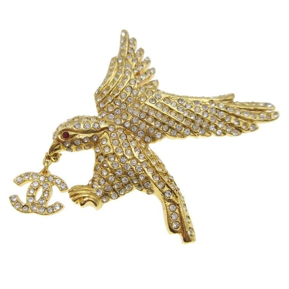 CHANEL CC Logos Eagle Rhinestone Brooch Pin Corsage Gold-plated - Picture 1 of 4